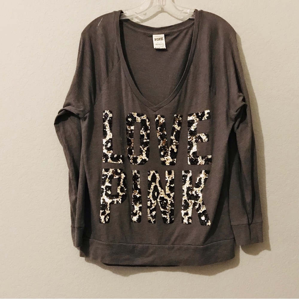 Love Pink Leopard Sequin Long Sleeve T-Shirt